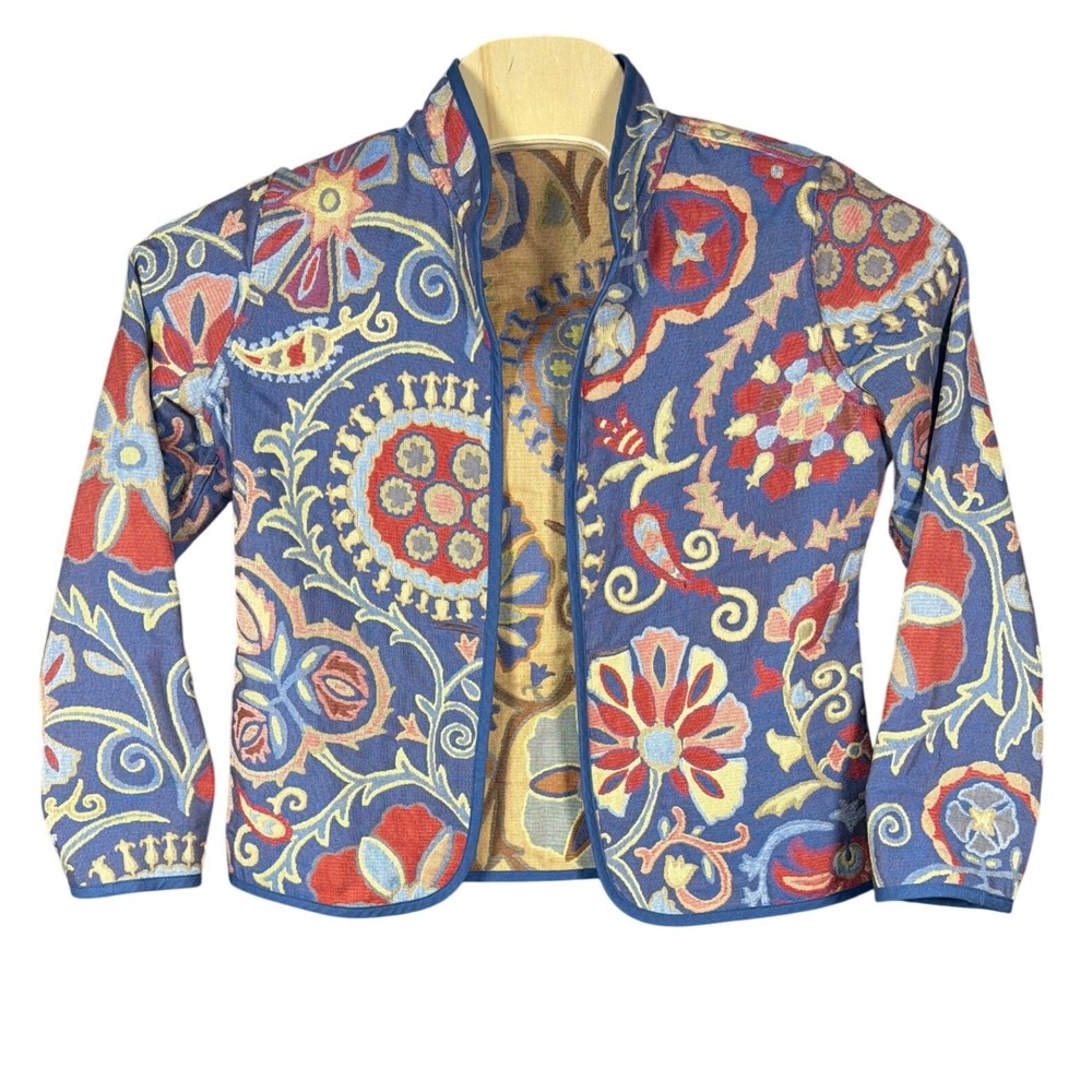 Trimdin Reversible Tapestry Jacket Women Blue Tan Floral Suzani Open Front Boho
